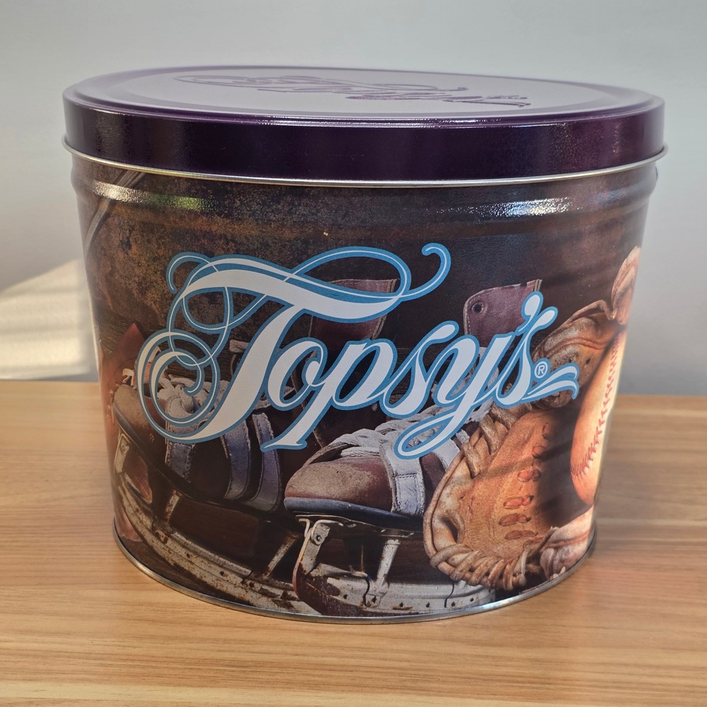 Topsys Vtg Sports Collectible Popcorn Tin Purple Lid‎ Football Skates Baseball